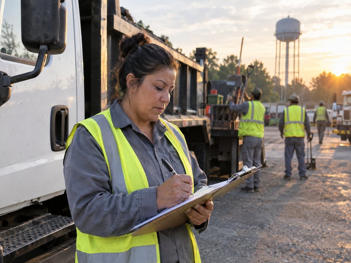 A public works crew lead filling in a paper daily timesheet on a clipboard beside a municipal dump truck