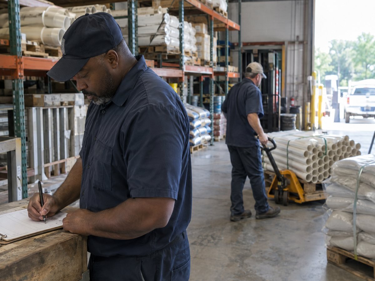 A municipal warehouse worker signing a withdrawal form while pallets of pipe and sandbags are moved