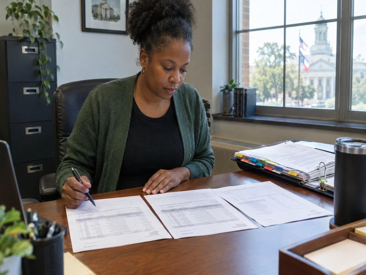 A procurement officer comparing three printed vendor quotes beside an open contract binder