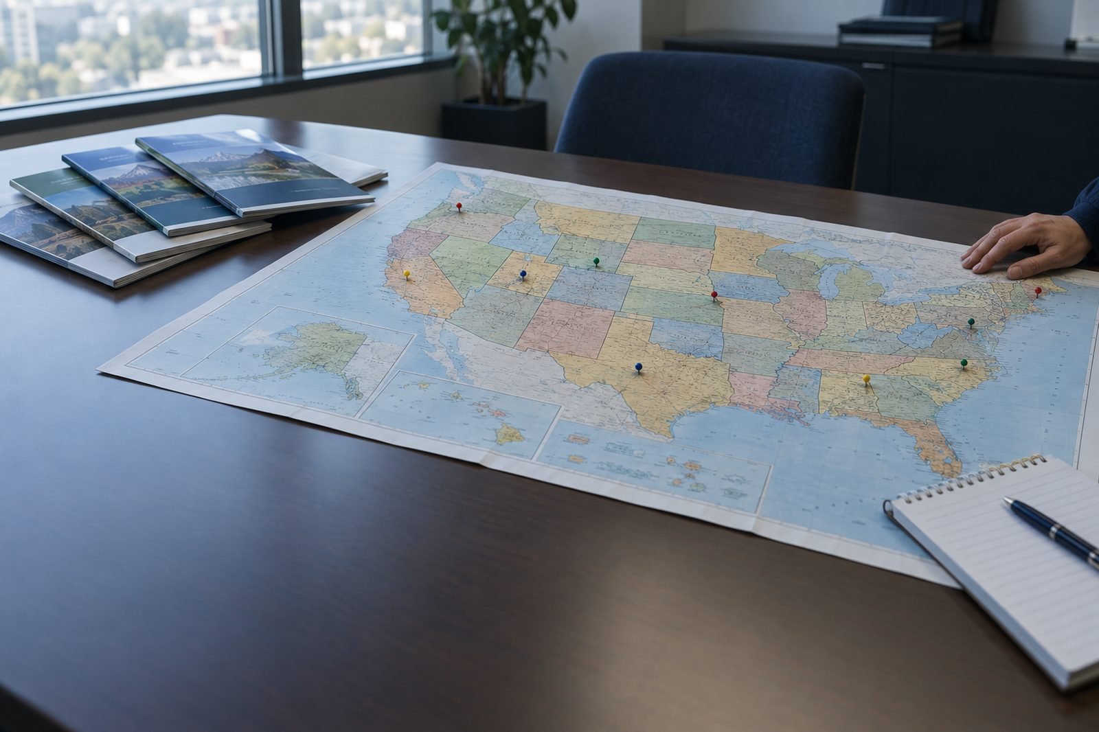 Map of the United States on an office table with pins marking several states